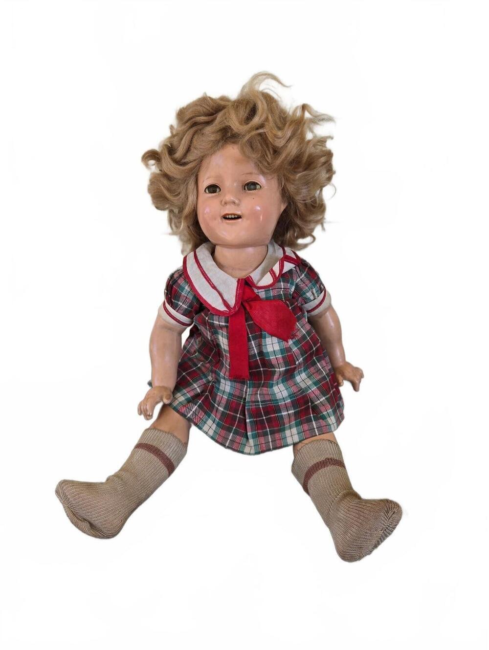 Ideal 18" composition Shirley Temple doll in original plaid dress, Very nice